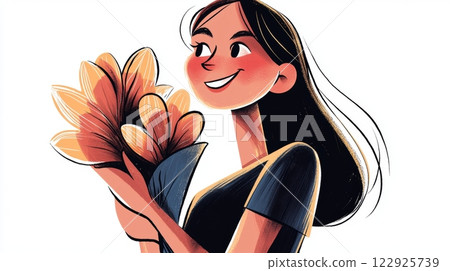 Woman Holding a Bouquet of Flowers Modern hand-drawn flat illustration. 122925739