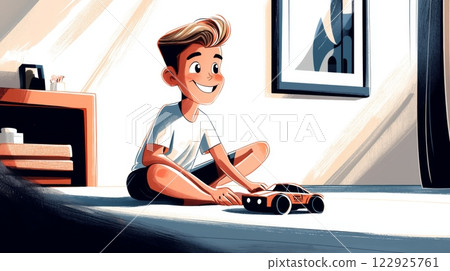 Child Playing with Toy Car Modern hand-drawn flat illustration. 122925761