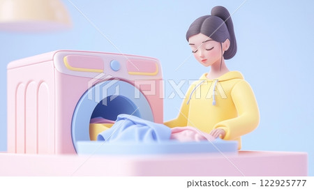 Woman Doing Laundry Minimalistic 3D soft illustration. 122925777