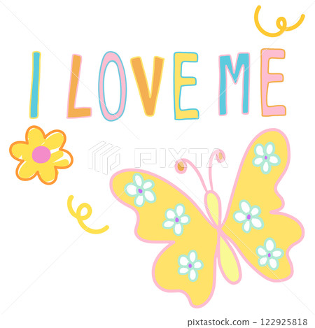 I LOVE ME letters with butterfly, flowers for font, typography, calligraphy, text, messages, alphabets, women empowerment, feminist, fridge magnet, animals, sticker, Valentine's card, fabric print	 122925818