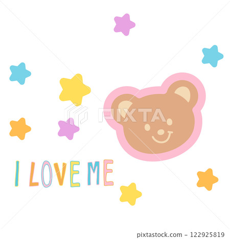 I LOVE ME letters with teddy bear, stars for font, typography, calligraphy, text, messages, alphabets, women empowerment, feminist, fridge magnet, animals, sticker, Valentine's card, fabric print	 122925819