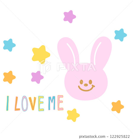I LOVE ME letters with bunny, stars for font, typography, calligraphy, text, messages, alphabets, women empowerment, feminist, fridge magnet, animals, sticker, Valentine's card, fabric print, easter	 122925822
