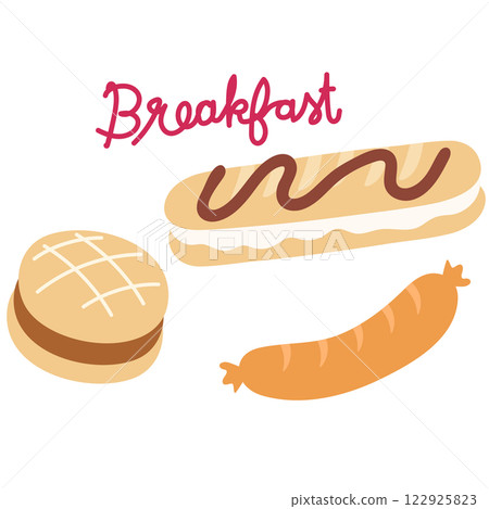 Breakfast illustration with sausage, burger, eclair for food, breakfast and brunch, cafe, restaurant, department store, menu decoration, recipe, cook book, ingredients, cute patch, print, cuisine Breakfast illustration with sausage, burger, eclair for food, breakfast and brunch, cafe, restaurant, department store, menu decoration, recipe, cook book, ingredients, cute patch, print, cuisine 122925823