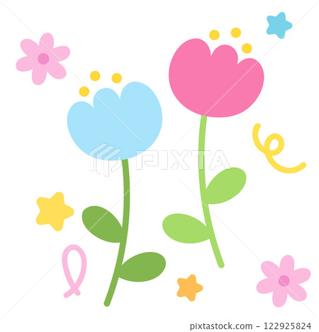 Tulip flowers with green leaves and star illustration for floral print, spring, summer, nature, garden, plants, tree, blossom, blooming, fabric print, sticker, picnic, park, house yard, environment Tulip flowers with green leaves and star illustration for floral print, spring, summer, nature, garden, plants, tree, blossom, blooming, fabric print, sticker, picnic, park, house yard, environment 122925824