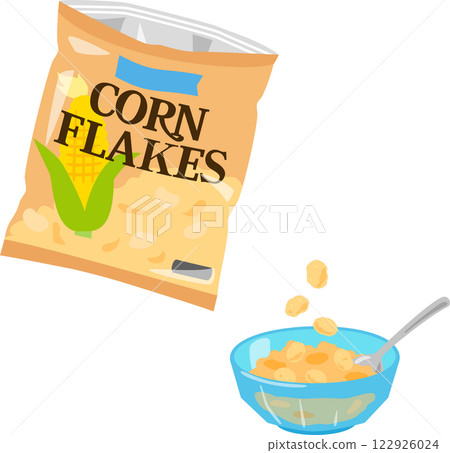 An opened bag of cornflakes and a bowl 122926024