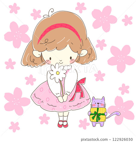 A girl and cat in a pink dress holding a white flower as a gift, background: cherry blossoms A girl and cat in a pink dress holding a white flower as a gift, background: cherry blossoms 122926030
