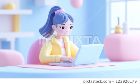 Woman Typing on a Laptop Minimalistic 3D soft illustration. 122926179