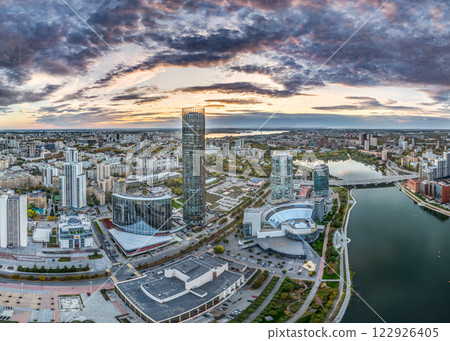 Yekaterinburg city and pond aerial panoramic view at summer or early autumn sunset. Night city in the early autumn or summer. 122926405