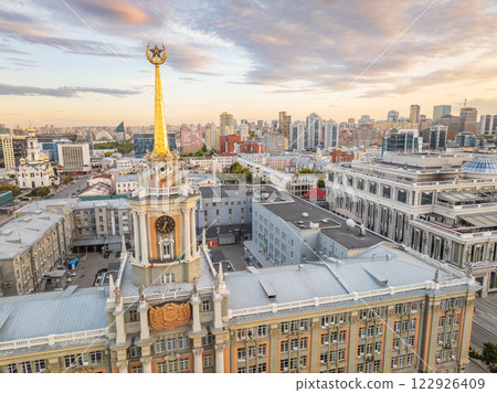 Yekaterinburg City Administration or City Hall and Central square at summer evening. Evening city in the summer sunset, Aerial View. 122926409