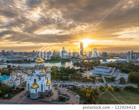 Autumn Yekaterinburg and Temple on Blood in beautiful clear sunset. Aerial view of Yekaterinburg, Russia. Translation of the text on the temple: Honest to the Lord is the death of His saints. 122926418