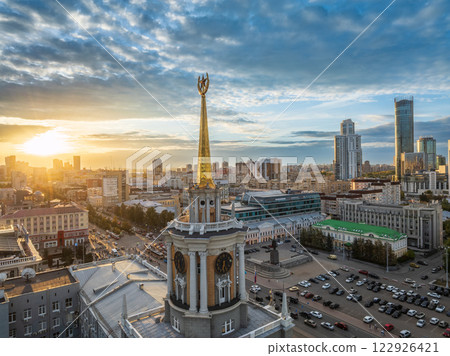 Yekaterinburg City Administration or City Hall and Central square at summer evening. Evening city in the summer sunset, Aerial View. 122926421