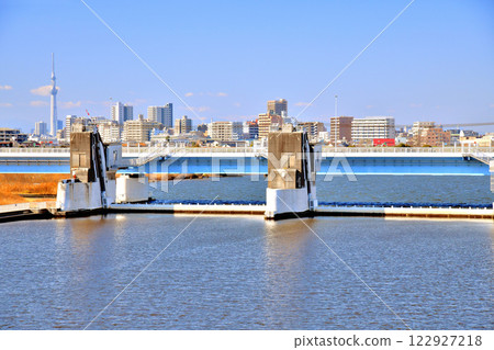 Shin-Gyotoku Bridge / View from Edogawa Floodway toward Gyotoku Bridge / Gyotoku Movable Weir (Ichikawa City, Chiba Prefecture) [2025.1] 122927218