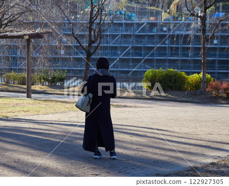 冬日早晨,一位年輕的家庭主婦在公園散步 冬日早晨,一位年輕的家庭主婦在公園散步 122927305