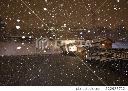 暴風雪中的福井縣廳護城河和福井站的恐龍 暴風雪中的福井縣廳護城河和福井站的恐龍 122927712