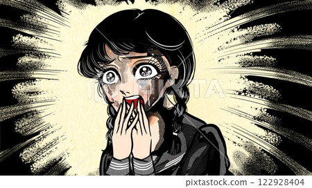 A terrifying illustration of a beautiful high school girl screaming in the style of a Showa horror manga 122928404