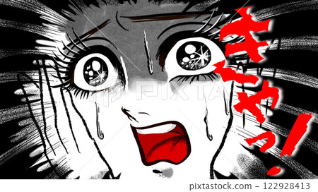 昭和復古恐怖漫畫中尖叫女孩的特寫鏡頭 122928413