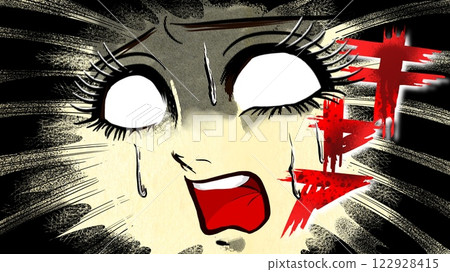 昭和復古恐怖漫畫中一個女孩尖叫並翻白眼的特寫鏡頭 122928415