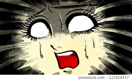 A close-up of a girl screaming and rolling her eyes in a Showa retro horror manga 122928417