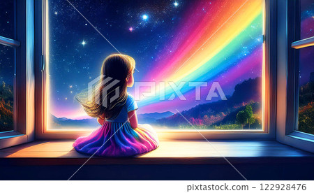 A young girl sits by an open window, gazing in wonder at a breathtaking cosmic sky filled with stars and a radiant rainbow stretching across the universe. The dreamy, fantasy-inspired artwork captures 122928476