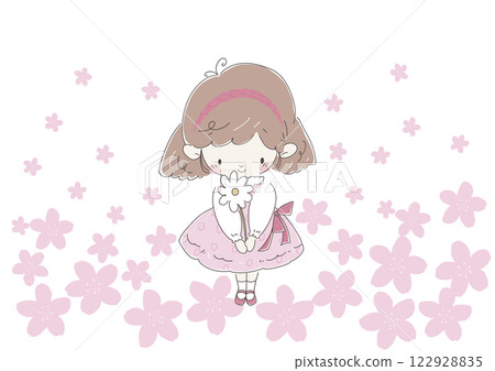 A girl in a pink dress holding a white flower as a gift, cherry blossoms in the background 122928835