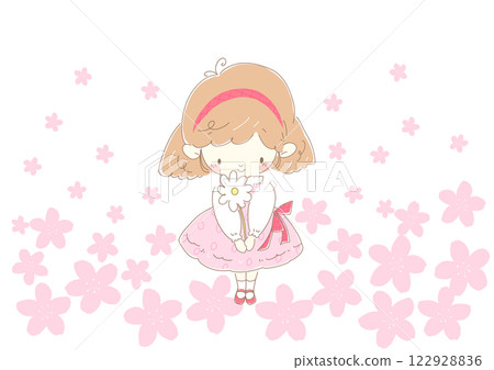 A girl in a pink dress holding a white flower as a gift, cherry blossoms in the background 122928836
