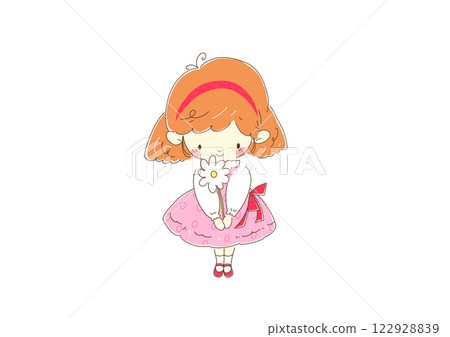 A girl in a pink dress holding a white flower as a gift 122928839