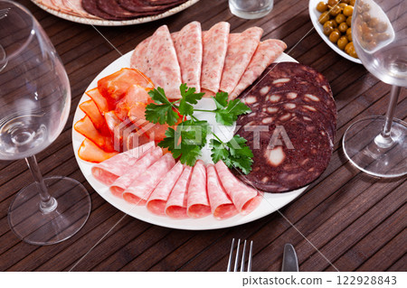 Slices of Spanish dry-cured gammon, variety of sausages Slices of Spanish dry-cured gammon, variety of sausages 122928843