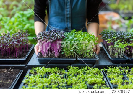 Ai generated Female hands taking care of small microgreens plant. Greenhouse seedlings Ai generated Female hands taking care of small microgreens plant. Greenhouse seedlings 122928997