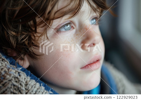 Ai generated Close up portrait of redhead child boy with freckles on face on black background 122929023