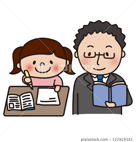 A male teacher wearing glasses watching over a girl studying 122929181