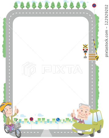 Traffic safety <Image of city roads, elderly frame, cars, bicycles, railroad crossings, etc., vertical position> 122929202