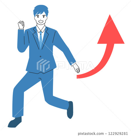 Illustration of a running businessman and an upward arrow Illustration of a running businessman and an upward arrow 122929281