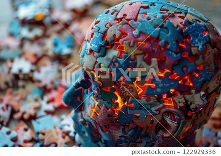 Ai generated Puzzle in a shape of human head with pieces, damage or loss memory. 122929336
