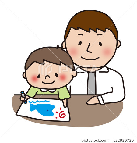 父親看兒子畫畫 122929729