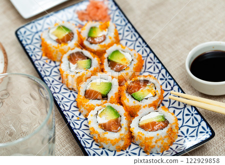 California roll masago caviar with cheese avocado and salmon California roll masago caviar with cheese avocado and salmon 122929858