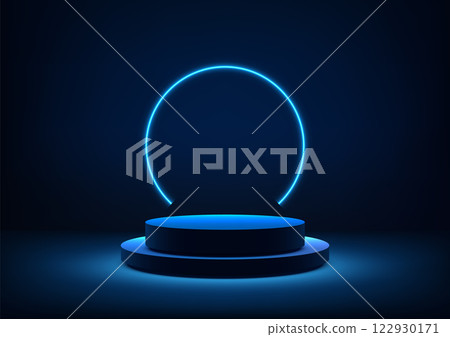 modern glowing neon blue 3d cylinder podium with ring, minimalist technology concept, dark background 122930171
