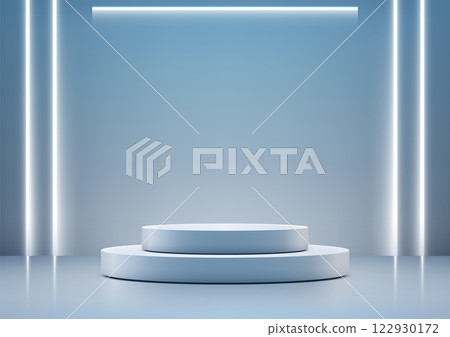 minimalist modern technology concept with glowing neon lights and white cylindrical podium on blue backdrop minimalist modern technology concept with glowing neon lights and white cylindrical podium on blue backdrop 122930172
