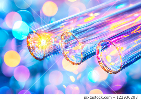 A close up view of transparent fiber optic strands illuminated by multicolored lights 122930298