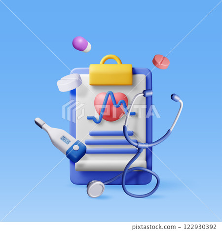 3d clipboard with check, stethoscope and pills 122930392