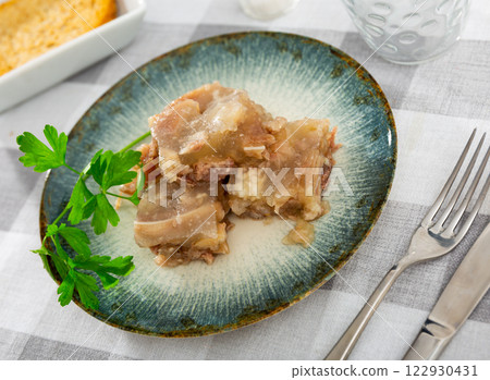 Pieces of homemade pork aspic, meat jelly Pieces of homemade pork aspic, meat jelly 122930431