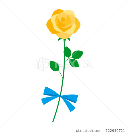 A single yellow rose decorated with a ribbon 122930721