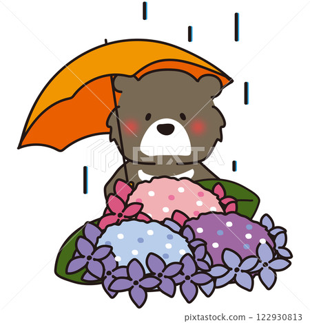 下雨天，一隻黑熊撐著傘凝視著繡球花 122930813