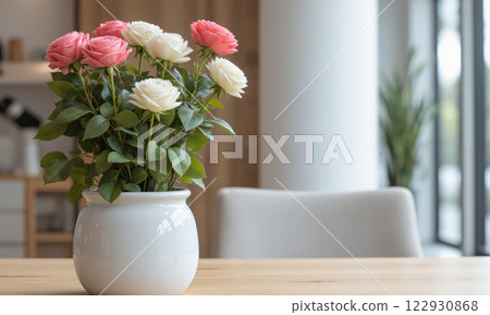 Rose (Rosa spp.) Miniature rose bush with fragrant blooms in pink, red, or white, displayed in a traditional ceramic pot, Rose (Rosa spp.) Miniature rose bush with fragrant blooms in pink, red, or white, displayed in a traditional ceramic pot, 122930868