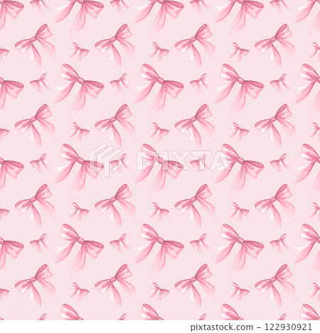 Coquette Bows in pastel pink color. Watercolor hand drawn seamless pattern of delicate trendy accessory on pink. Girly and lady style. For cutecore, romantic design, textile, wrapping, scrapbooking. 122930921