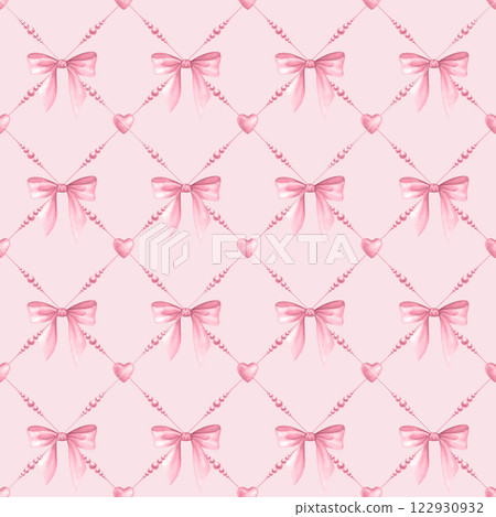 Coquette Bows, beads and hearts in pastel pink color. Watercolor seamless pattern of pendants diagonally hand drawn on pink for cutecore, romantic design, textile, wrapping and scrapbooking paper. 122930932