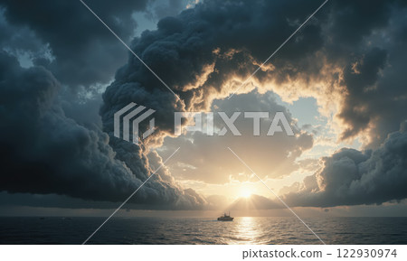 Clouds in the sky take on the shape of a roaring monster, its open mouth creating a powerful vortex 122930974