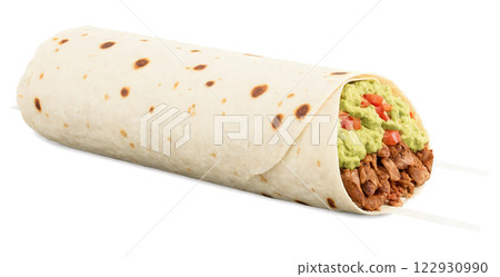 Burrito (Mexico) - A large flour tortilla filled with ingredients such as rice, beans, grilled meats, cheese, and guacamole, wrapped 122930990