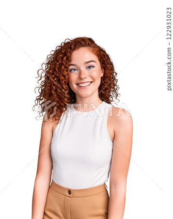 Young woman with wild, curly auburn hair with a few strands falling over her face and freckles, a bright, enthusiastic 122931023
