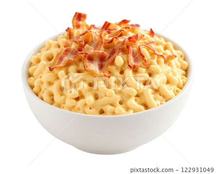 Mac and Cheese with Bacon Macaroni and cheese made with a creamy cheese sauce, topped with crispy bacon and baked 122931049