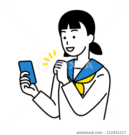 A female student doing a fist pump while looking at a smartphone screen A female student doing a fist pump while looking at a smartphone screen 122931217